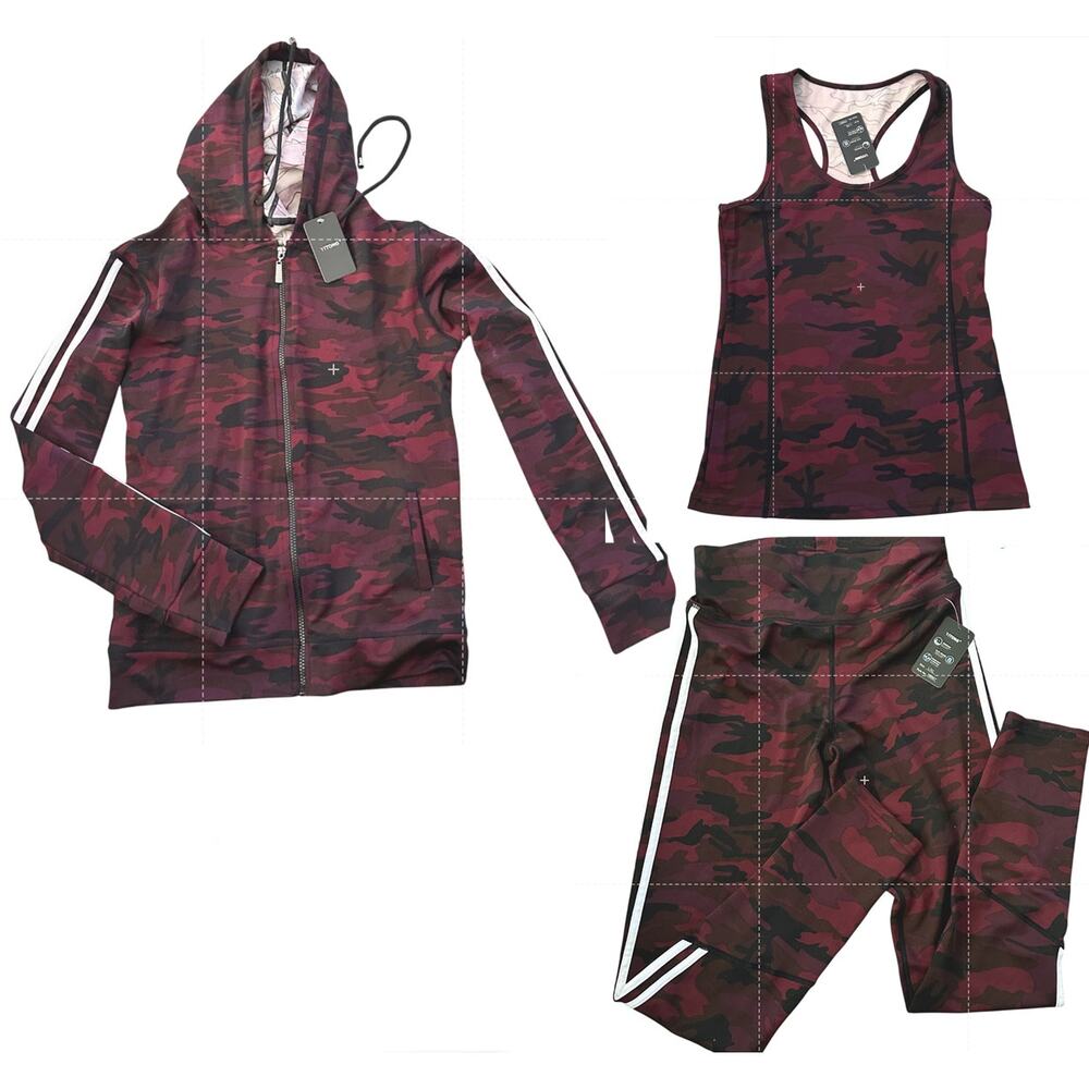 3 Piece Workout Yoga Set Tank Pants Track Jacket Red Black Camo Size Large